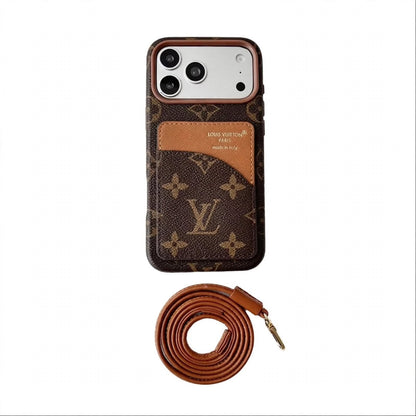 Luxury Monogram Cardholder Phone Case with Lanyard Strap For iPhone 13-18