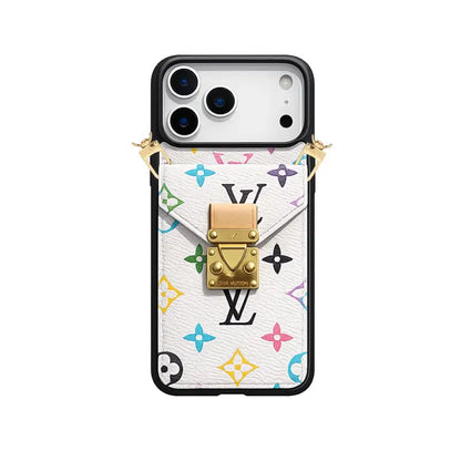 Premium Leather Monogram iPhone Case With Wallet And Crossbody Strap