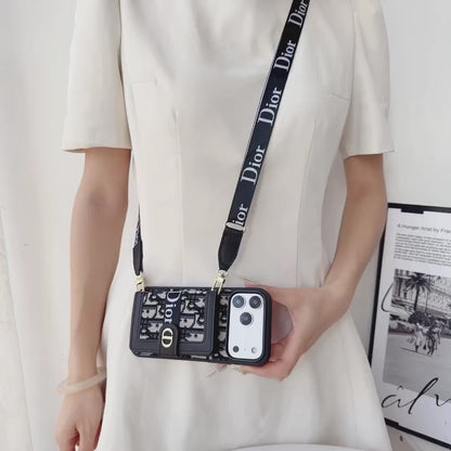 Dior Leather Phone Case with Card Wallet and Strap For iPhone12-18 Series