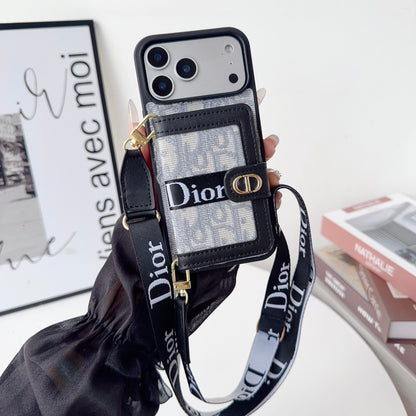 Dior Leather Phone Case with Card Wallet and Strap For iPhone12-18 Series
