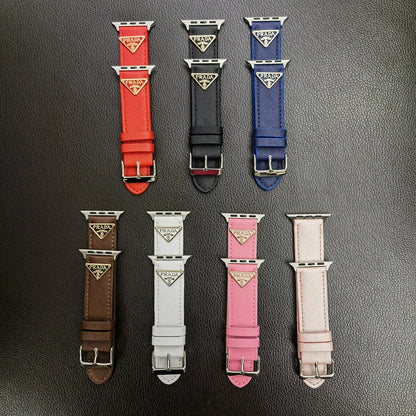 Classic Double Triangle Monogram Label Leather Apple Watch Band