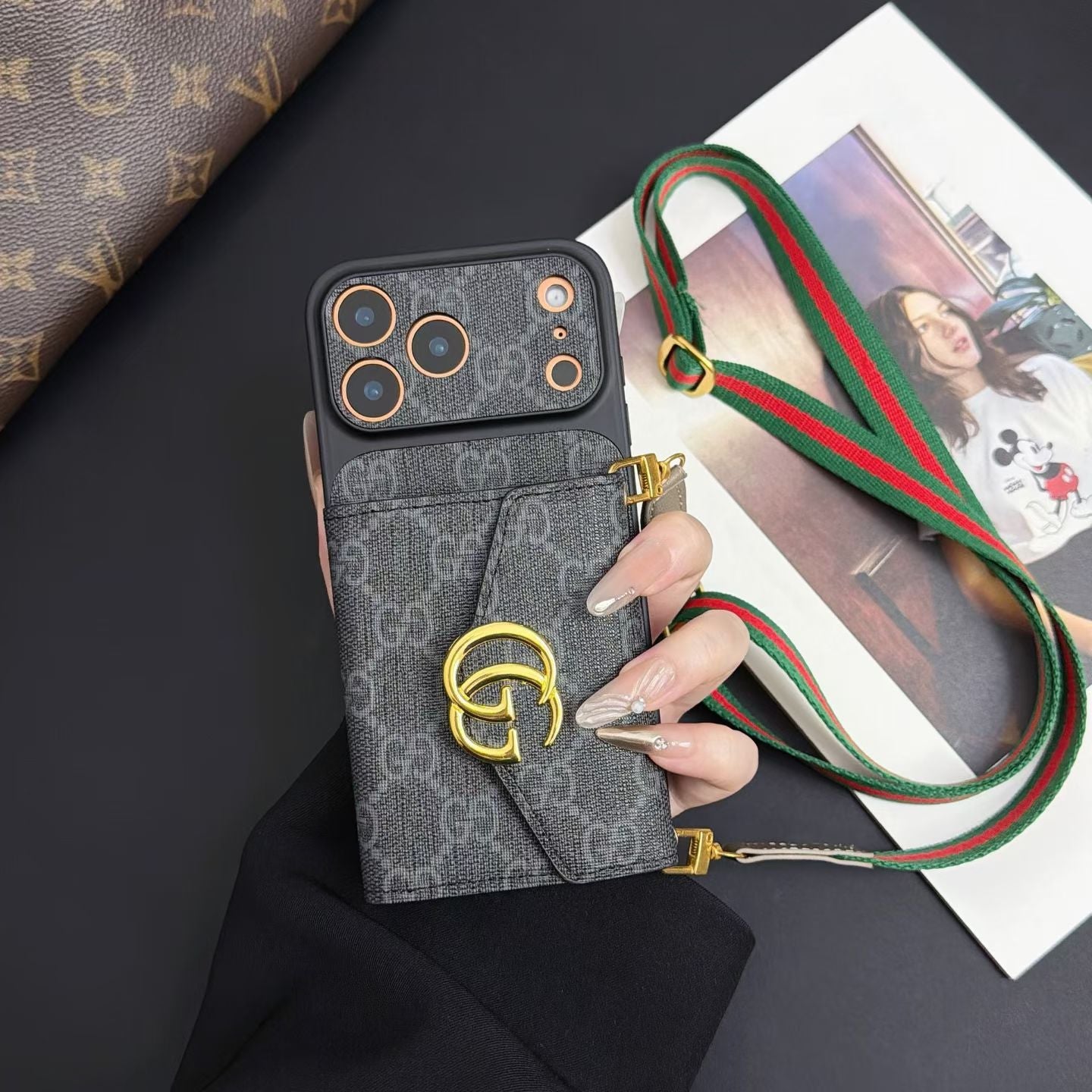 Luxury GG Supreme Monogram Wallet iPhone Case with Crossbody Lanyard Strap