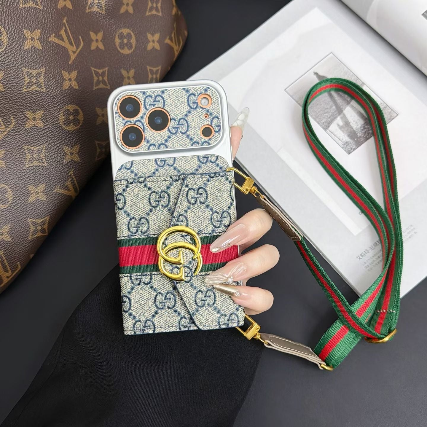 Luxury GG Supreme Monogram Wallet iPhone Case with Crossbody Lanyard Strap
