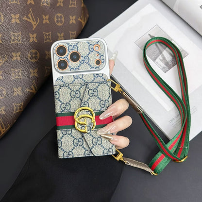 Luxury GG Supreme Monogram Wallet iPhone Case with Crossbody Lanyard Strap