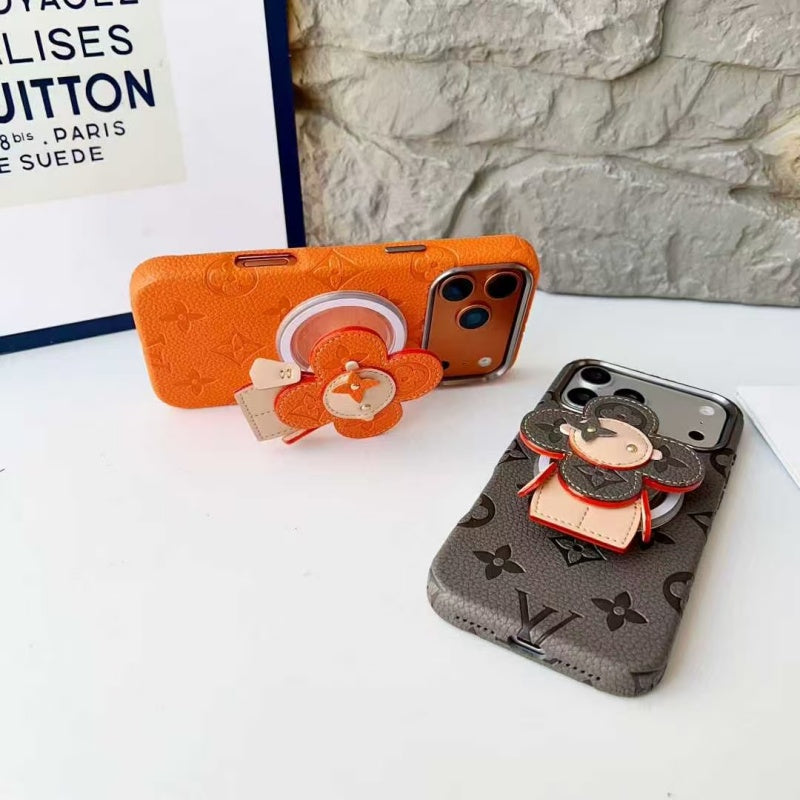 Premium Monogram Leather Case with Rotating Stand for iPhone 13-17 Series