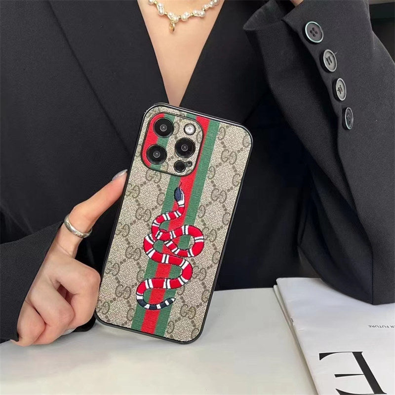 GG Bee or Snake Motif Leather Case for iPhone 12-18