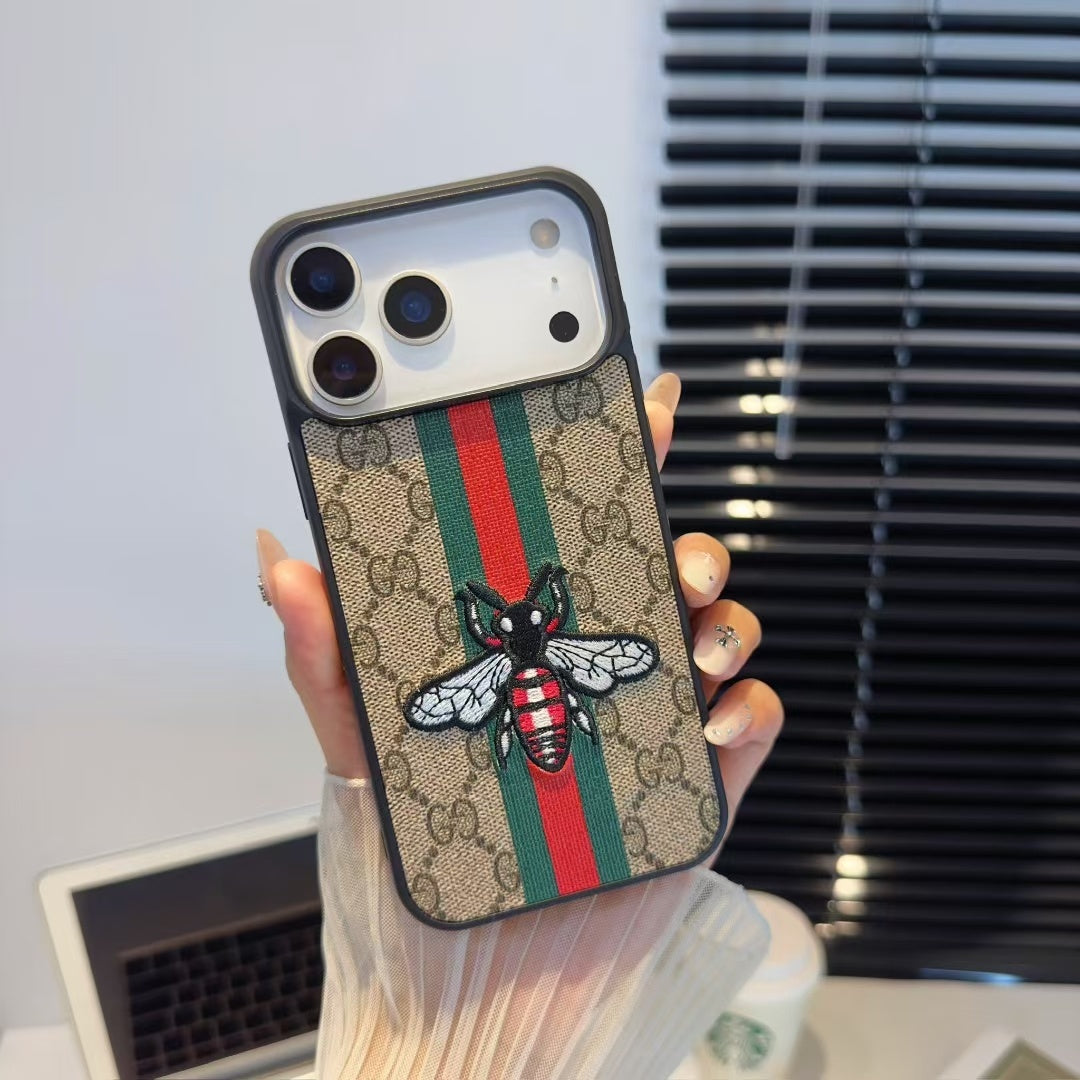 GG Bee or Snake Motif Leather Case for iPhone 12-18