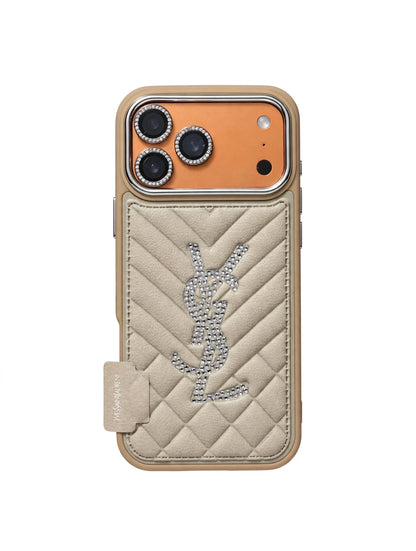 Luxury Rhinestone YSL Quilted Leather Phone Case For iPhone 13-18