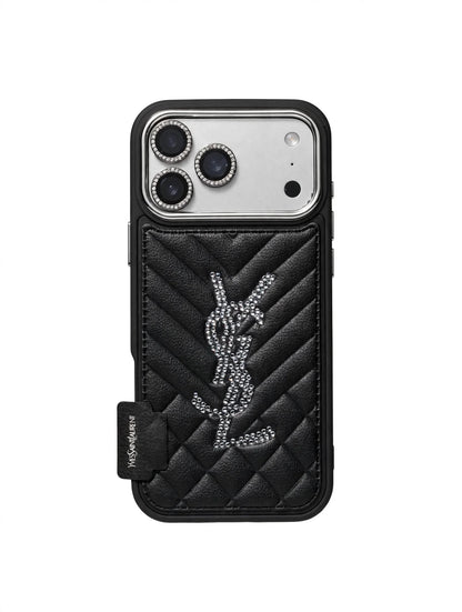 Luxury Rhinestone YSL Quilted Leather Phone Case For iPhone 13-18