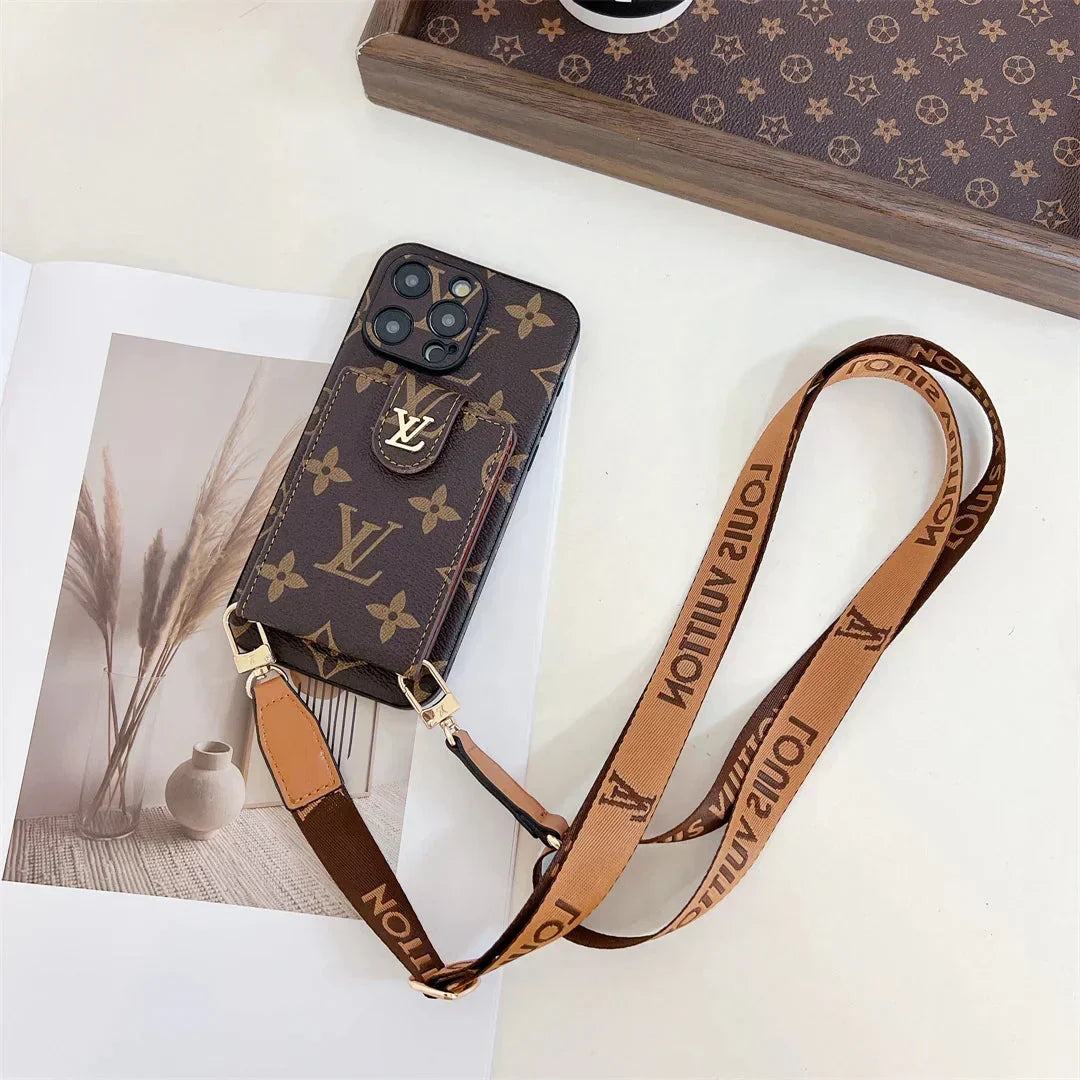 Monogram Canvas Leather Button Card Holder Crossbody iPhone Case Roxy New 2
