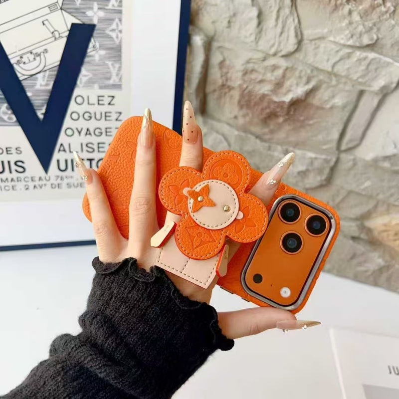 Premium Monogram Leather Case with Rotating Stand for iPhone 13-17 Series