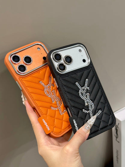 Luxury Rhinestone YSL Quilted Leather Phone Case For iPhone 13-18