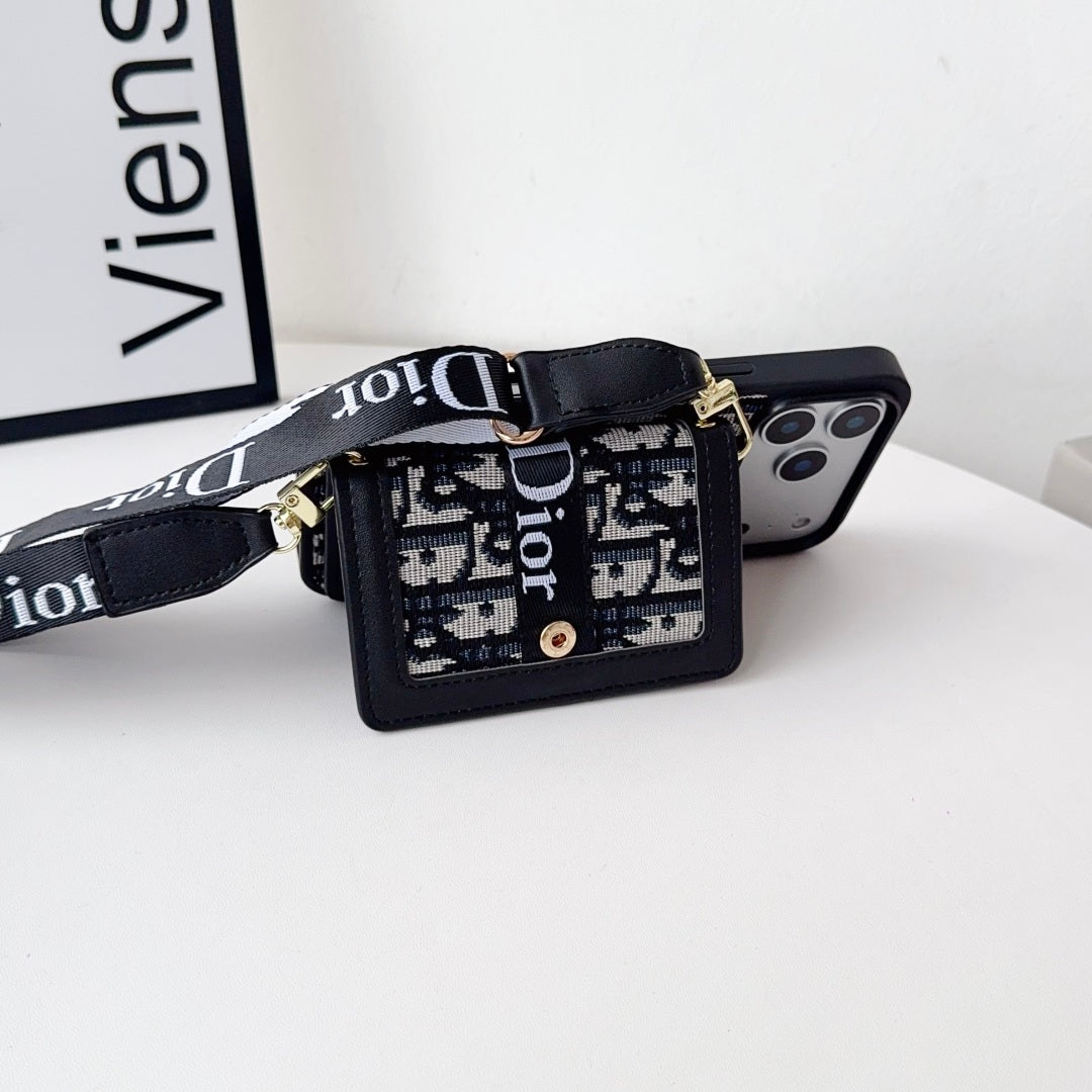 Dior Leather Phone Case with Card Wallet and Strap For iPhone12-18 Series