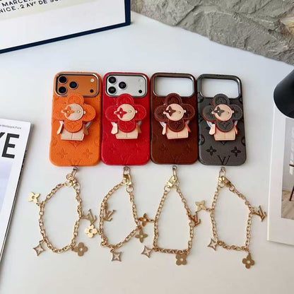 Premium Monogram Leather Case with Rotating Stand for iPhone 13-17 Series