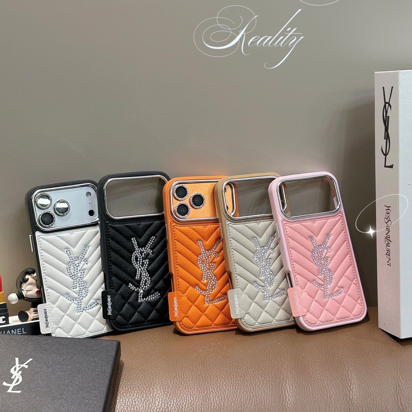 Luxury Rhinestone YSL Quilted Leather Phone Case For iPhone 13-18