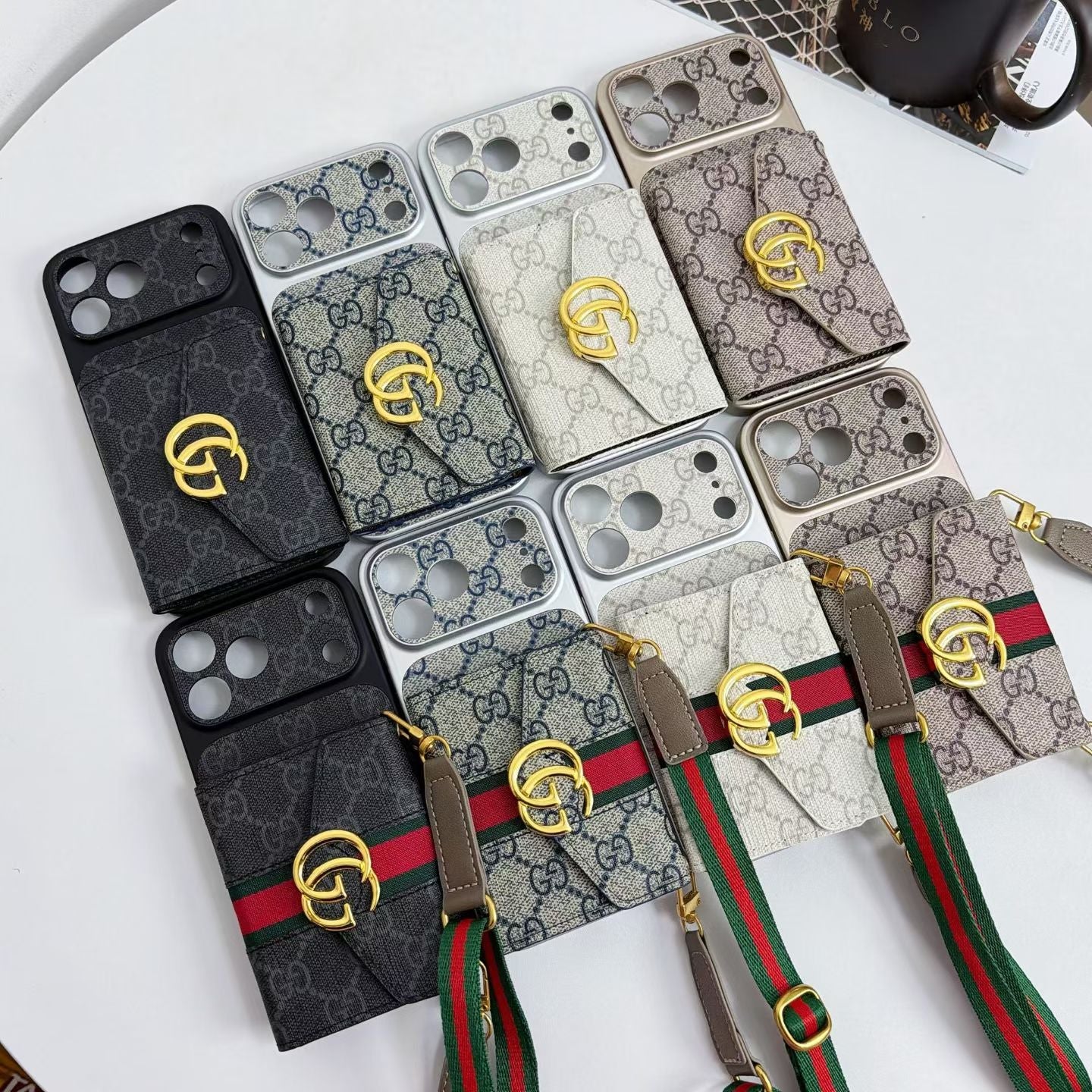 Luxury GG Supreme Monogram Wallet iPhone Case with Crossbody Lanyard Strap
