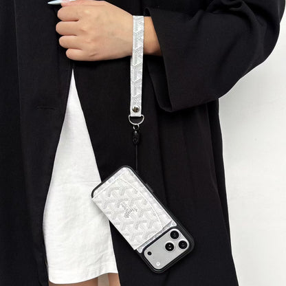 Luxury GYD Pattern Tri-Fold Wallet Phone Case with Matching Wristlet Strap for iPhone12-18 Pro & Pro Max