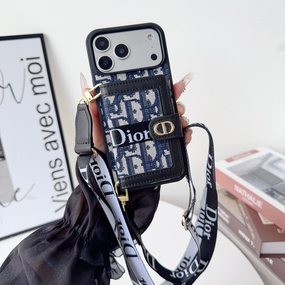 Dior Leather Phone Case with Card Wallet and Strap For iPhone12-18 Series