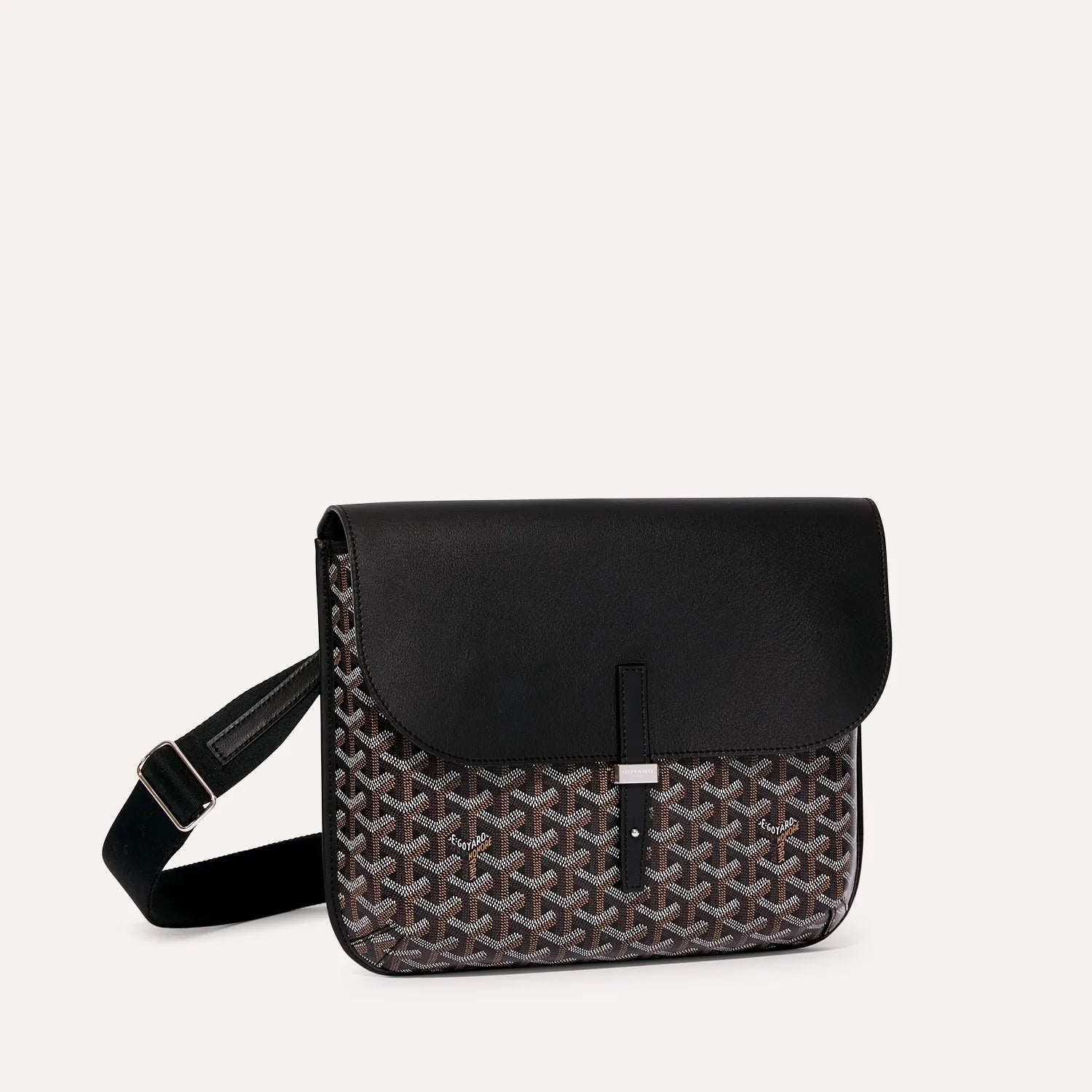 Luxury Goyardine canvas messenger bag in black with black leather flap