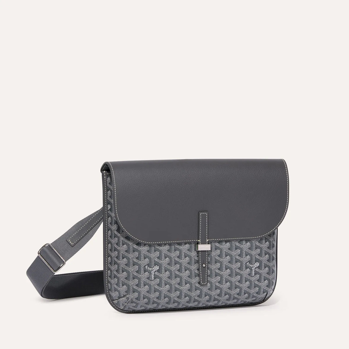Luxury Goyardine canvas messenger bag in grey with grey leather flap