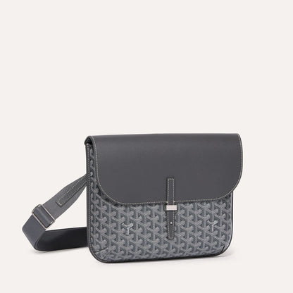 Luxury Goyardine canvas messenger bag in grey with grey leather flap