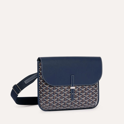 Luxury Goyardine canvas messenger bag in navy blue with blue leather flap