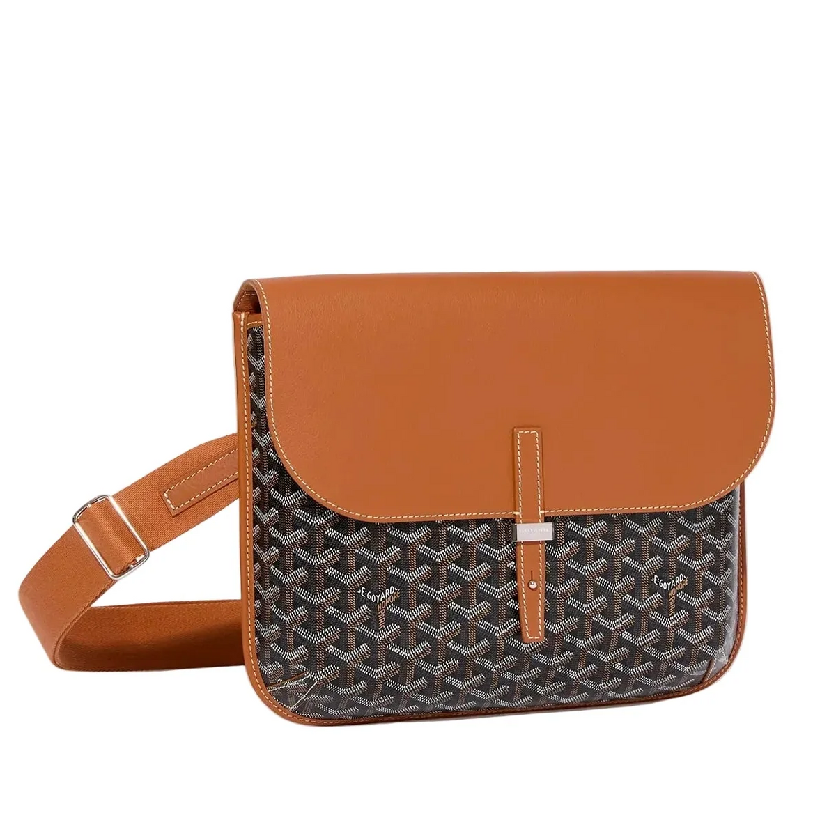 Luxury Goyardine canvas messenger bag in black with tan leather flap and adjustable strap