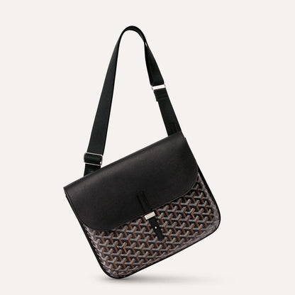 Side angle view of luxury Goyardine canvas messenger bag in black