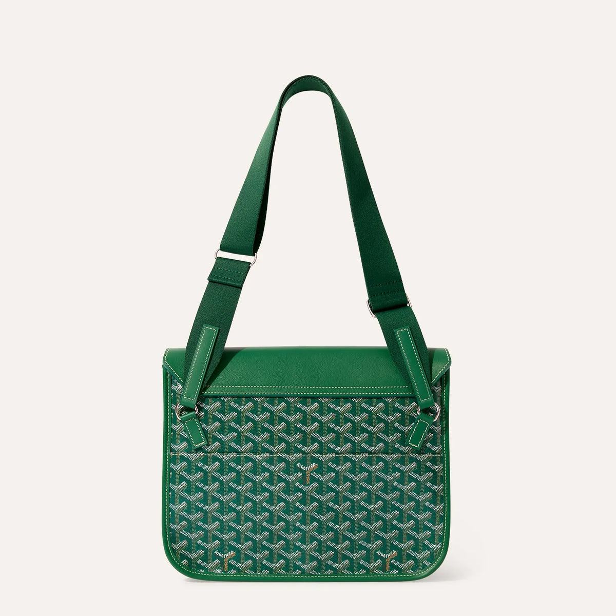 Back view of luxury Goyardine canvas messenger bag in green with adjustable strap