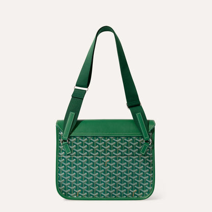Back view of luxury Goyardine canvas messenger bag in green with adjustable strap