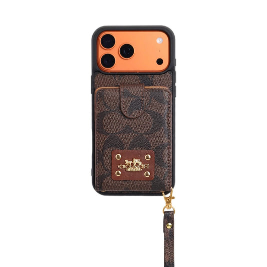Luxury Monogram Card Holder Phone Case with Strap for iPhone 12-17 Series