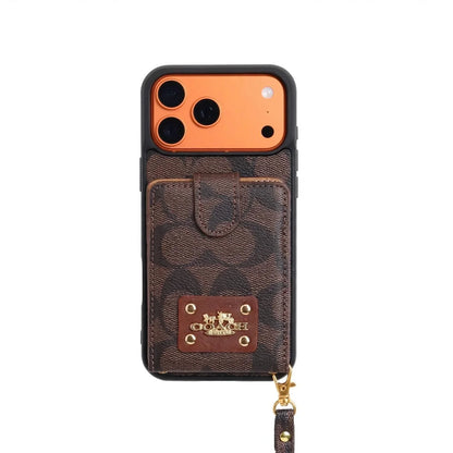 Luxury Monogram Card Holder Phone Case with Strap for iPhone 12-17 Series