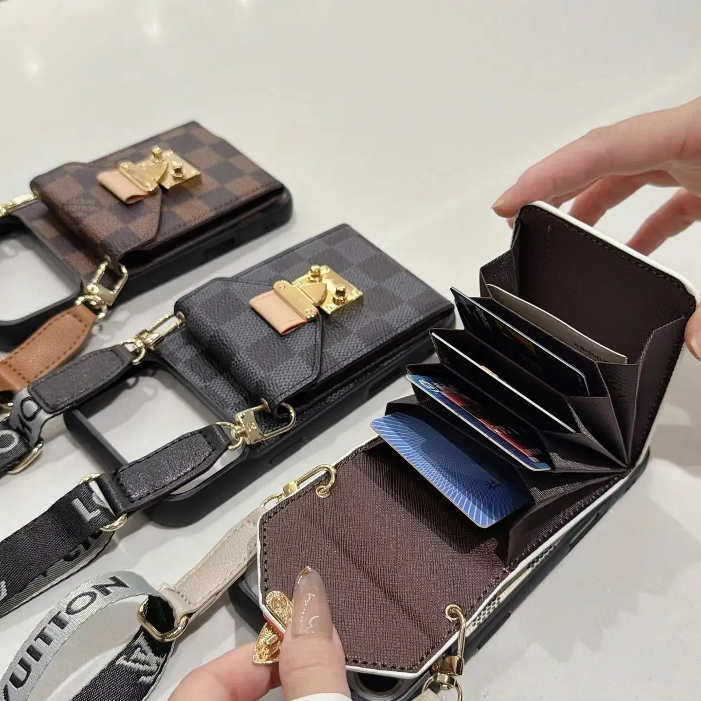 Premium Leather Monogram iPhone Case With Wallet And Crossbody Strap
