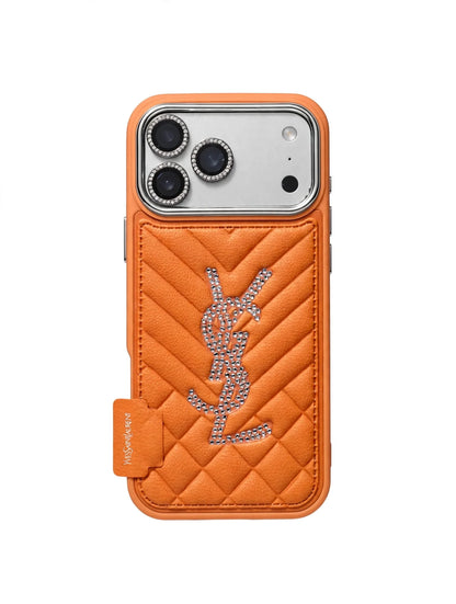Luxury Rhinestone YSL Quilted Leather Phone Case For iPhone 13-18