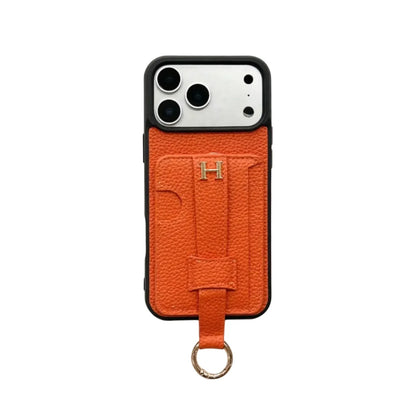 HRM Pebbled Leather Case with Pull-Tab Strap & Ring for iPhone 12-18 Pro & Pro Max