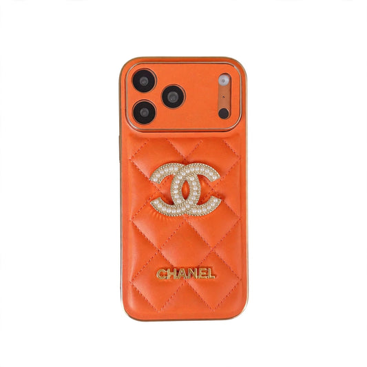 Leather Chanel Phone Case Diamond Logo with Gold Label For iPhone 17/ 16 /15 / 14