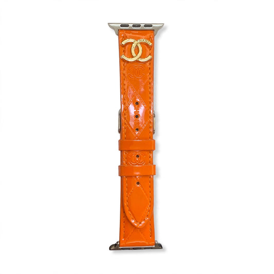 Glossy Leather Apple Watch Strap Luxury Metal Logo