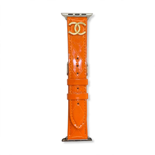 Glossy Leather Apple Watch Strap Luxury Metal Logo