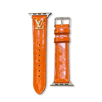 GLOSSY LEATHER APPLE WATCH STRAP LUXURY METAL LOGO