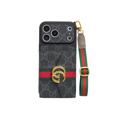 Luxury GG Supreme Monogram Wallet iPhone Case with Crossbody Lanyard Strap