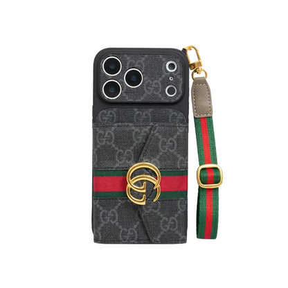 GG Luxury Supreme Monogram Wallet Case with Lanyard Strap for iPhone 12-18