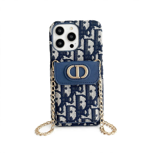 Dior Luxury iPhone Case with Chain, Card Slot, and Metal Logo