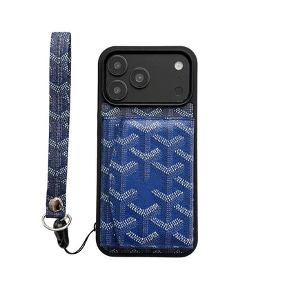 Luxury GYD Pattern Tri-Fold Wallet Phone Case with Matching Wristlet Strap for iPhone12-18 Pro & Pro Max