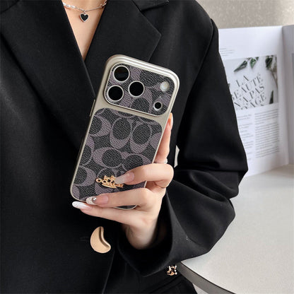 Premium Embossed Leather Phone Case with Gold Emblem For iPhone 12-17 with Gold Logo