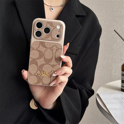 Premium Embossed Leather Phone Case with Gold Emblem For iPhone 12-17 with Gold Logo