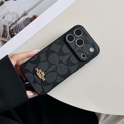 Premium Embossed Leather Phone Case with Gold Emblem For iPhone 12-17 with Gold Logo