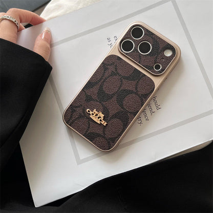 Premium Embossed Leather Phone Case with Gold Emblem For iPhone 12-17 with Gold Logo