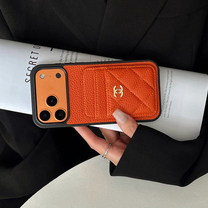 Leather Phone Case and Two Card Slots with Gold Label For iPhone 17/ 16 /15 / 14