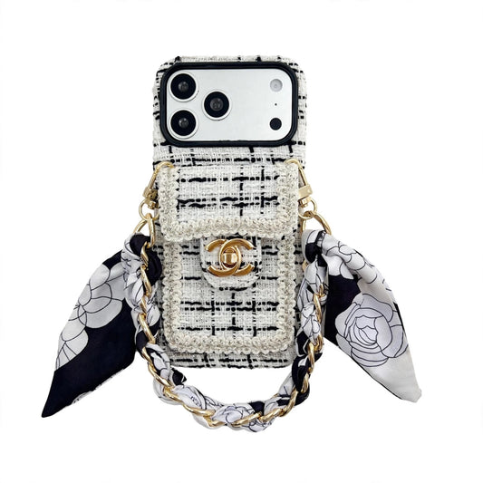 Luxury Tweed Designer iPhone Case | Classic Purse Style with Scarf Chain