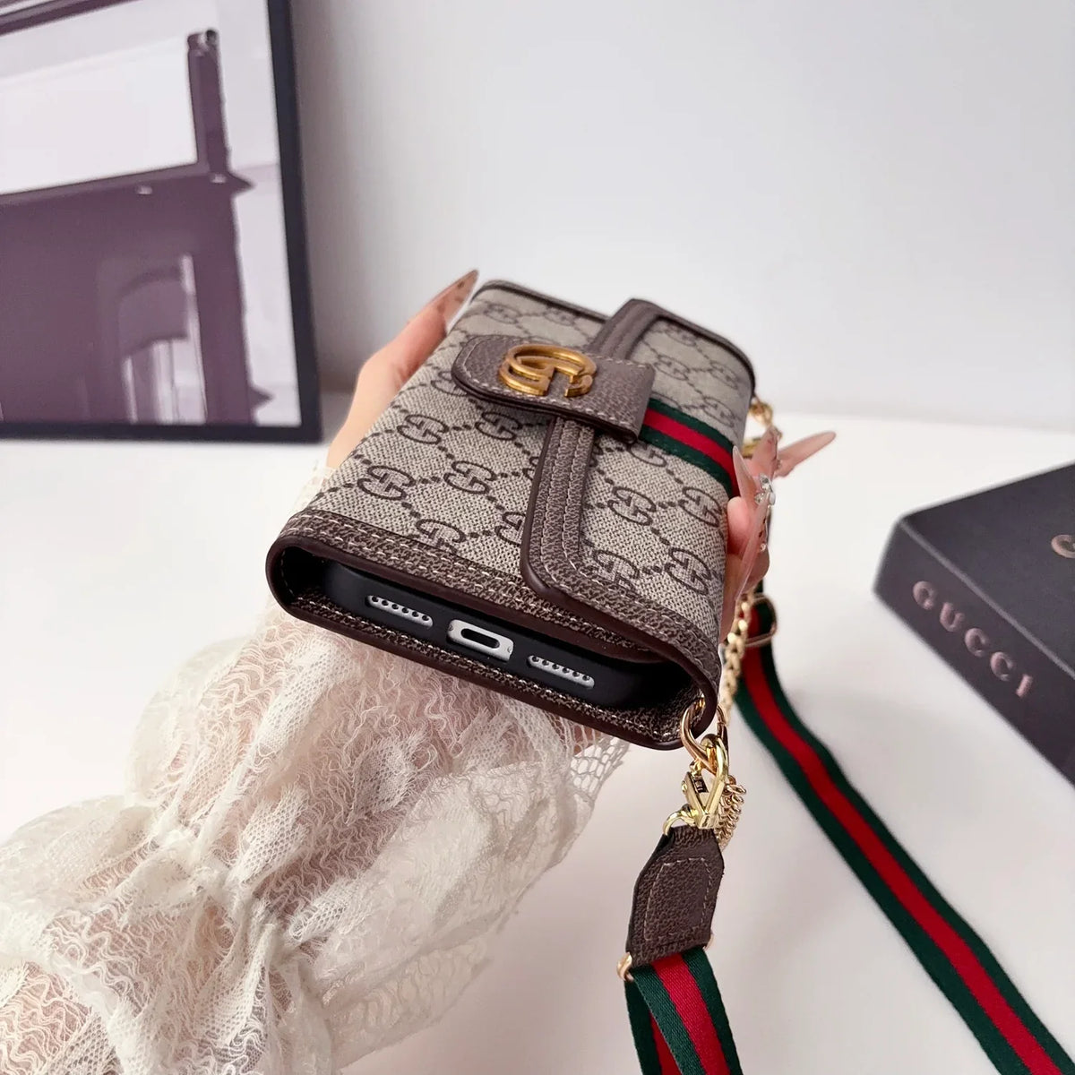 Classic Leather GG iPhone Case With Flip Wallet And Crossbody Strap